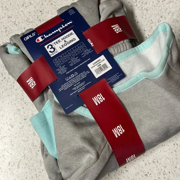 Champion Girl's Heavyweight 3 Piece Tee, Hoodie & Legging Set Oxford Heather 18M - Picture 7 of 9